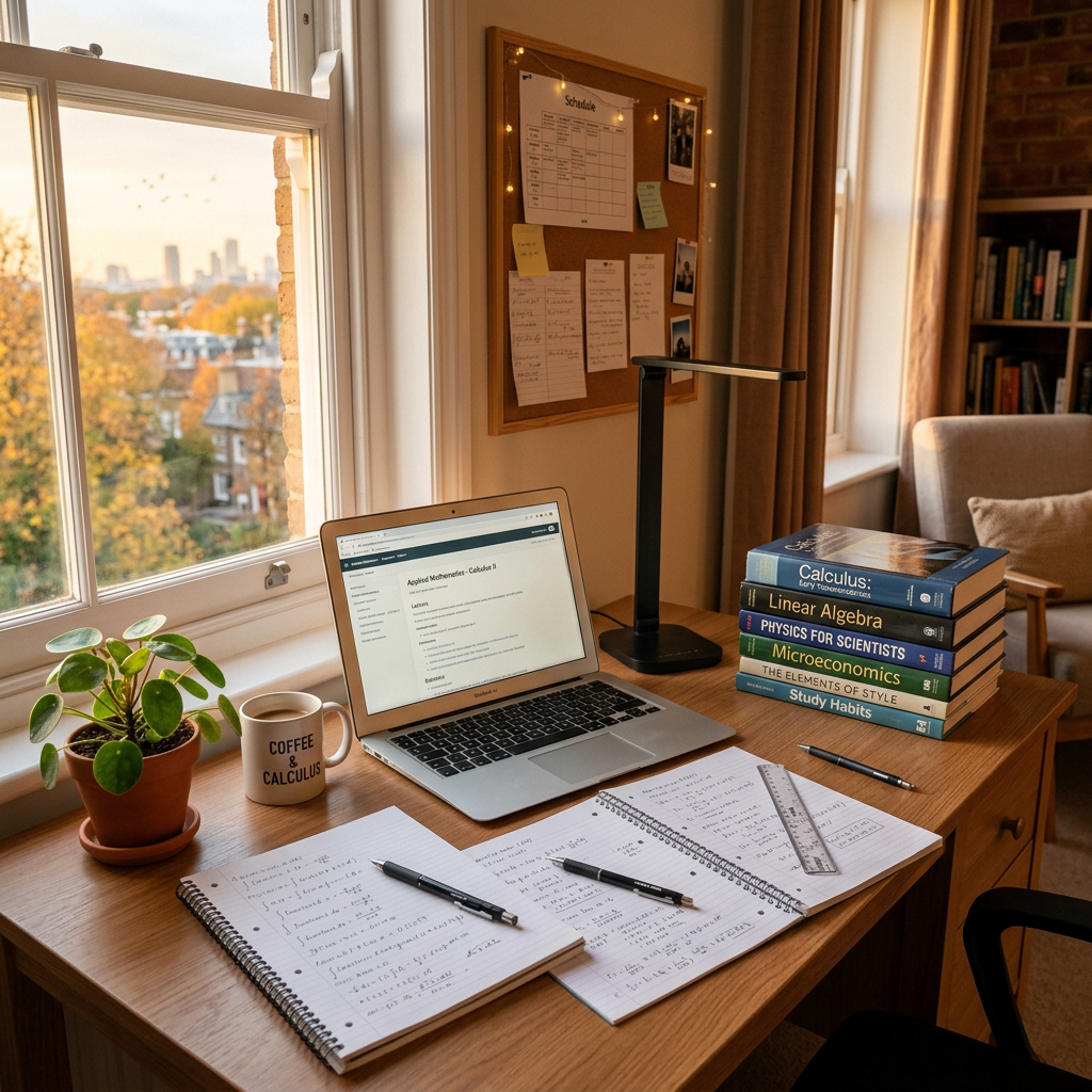 Study desk with laptop, notebooks, textbooks, coffee mug, plant, and city view